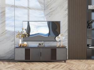 新中式带柜门的电视柜、电视机