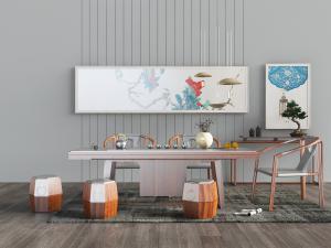 中式实木茶桌椅和鼓凳