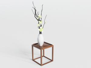 实木方形花架上的陶瓷花瓶花卉