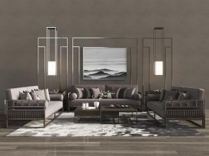 中式实木框架褐色坐垫的多人沙发、双人沙发组合