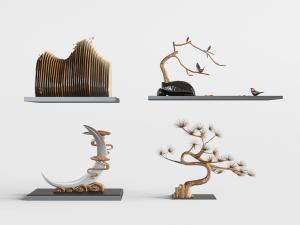 中式桌面松树、月亮祥云饰品摆件