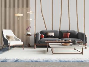 新中式实木底座的灰色布艺多人沙发和休闲椅子组合模