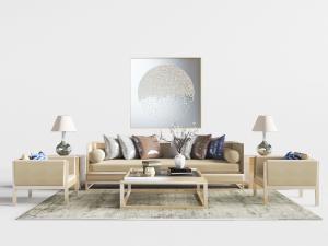 新中式黄色皮革多人沙发、单人沙发和茶几组合