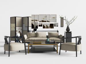 新中式黑色实木边框的多人沙发组合