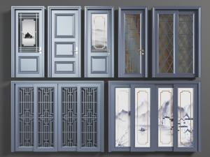 新中式灰色雕花镂空推拉门、平开门