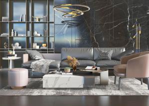 现代皮革转角多人单人沙发茶几组合