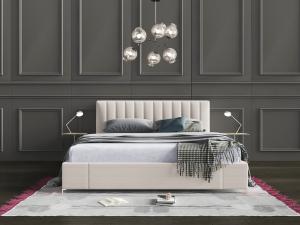 现代白色布艺双人床、吊灯