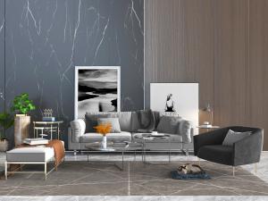 现代轻奢灰色布艺多人单人沙发和沙发凳组合