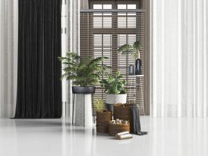 北欧花架上的盆栽植物、收纳筐