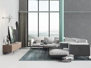 现代灰白色弧形多人沙发、电视柜组合