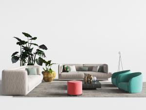 现代沙发茶几、鲜艳色彩的单人沙发、坐墩