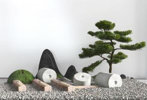 新中式石磙、假山、松树景观小品