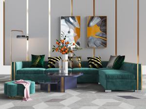 现代复古轻奢转角多人沙发坐墩茶几组合