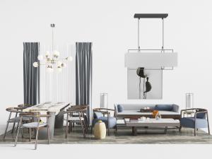 新中式餐桌椅、沙发茶几组合