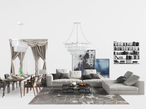 现代转角多人布艺沙发茶几、餐桌椅组合