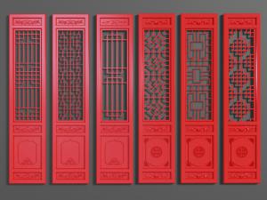 中式红色实木雕花门扇屏风