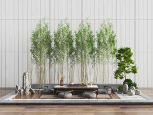 新中式茶桌、竹子和假山景观小品