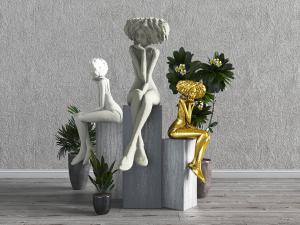 现代托腮思考的少女雕塑雕刻