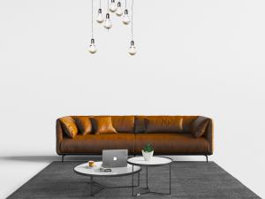 北欧姜黄色皮革多人沙发、茶几组合