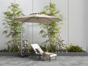 新中式花坛、遮阳伞和躺椅