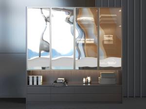 现代实木下部开放式收纳的玻璃柜门衣柜