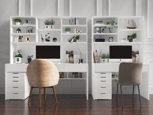 现代白色带书柜的书桌椅组合3d模型 现代白色带书柜的书桌椅组合