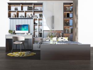 现代床头带收纳书桌的双人床3d模型 现代床头带收纳书桌的双人床