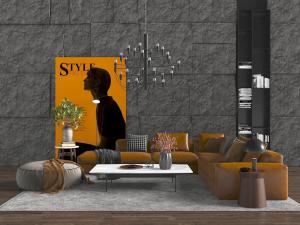 现代黄色真皮转角多人沙发茶几组合