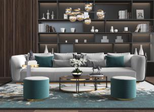 现代轻奢灰色长沙发圆形坐墩茶几组合