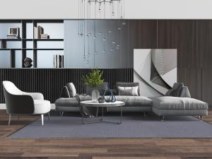 现代灰色无靠背转角沙发休闲椅子组合