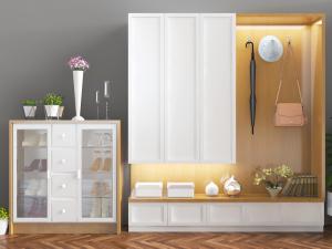 现代实木拼接白色柜门的装饰鞋柜