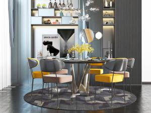 现代圆形餐桌椅组合餐边柜