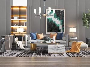 现代轻奢多人单人沙发茶几沙发凳组合