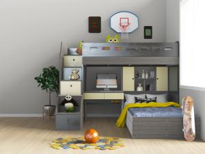 现代实木带书桌的上下床