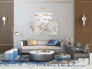 新中式皮革多人沙发单人沙发和茶几组合