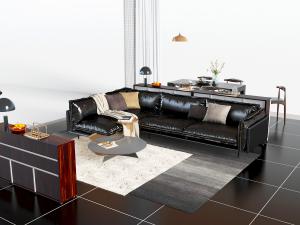 后现代真皮黑色多人沙发茶几组合