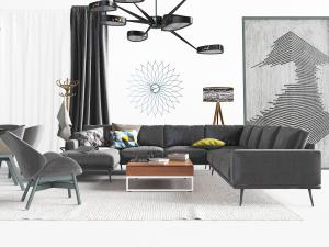 北欧深灰色转角多人沙发休闲椅茶几组合