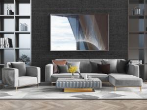 现代灰色带贵妃椅美人榻布艺多人沙发、单人沙发和茶几