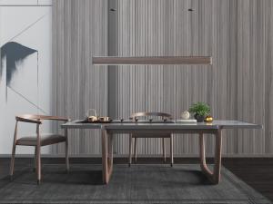 新中式大理石台面的长方形茶桌椅组合