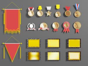 挂在墙上的锦旗奖状奖牌奖杯3d模型 挂在墙上的锦旗奖状奖牌奖杯