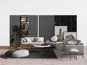 现代灰白色转角多人长沙发组合