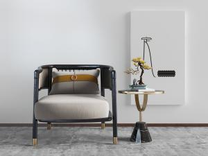 新中式单人休闲沙发椅边几盆景3d模型 新中式单人休闲沙发椅边几盆景