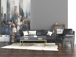 后现代黑色真皮转角多人沙发茶几组合