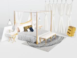 新古典带床帏蚊帐的双人床床头柜