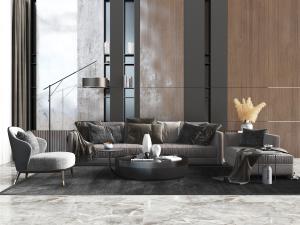 后现代布艺多人沙发贵妃椅茶几组合