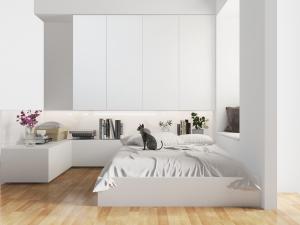 现代白色床头延伸书桌的双人床