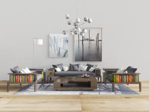 现代实木边框的多人单人沙发茶几组合