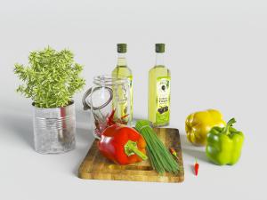 现代菜板上的辣椒瓶装橄榄油水果食物