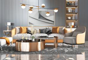 现代黄色边框的多人沙发茶几组合