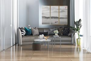 新中式灰色真皮多人沙发茶几组合